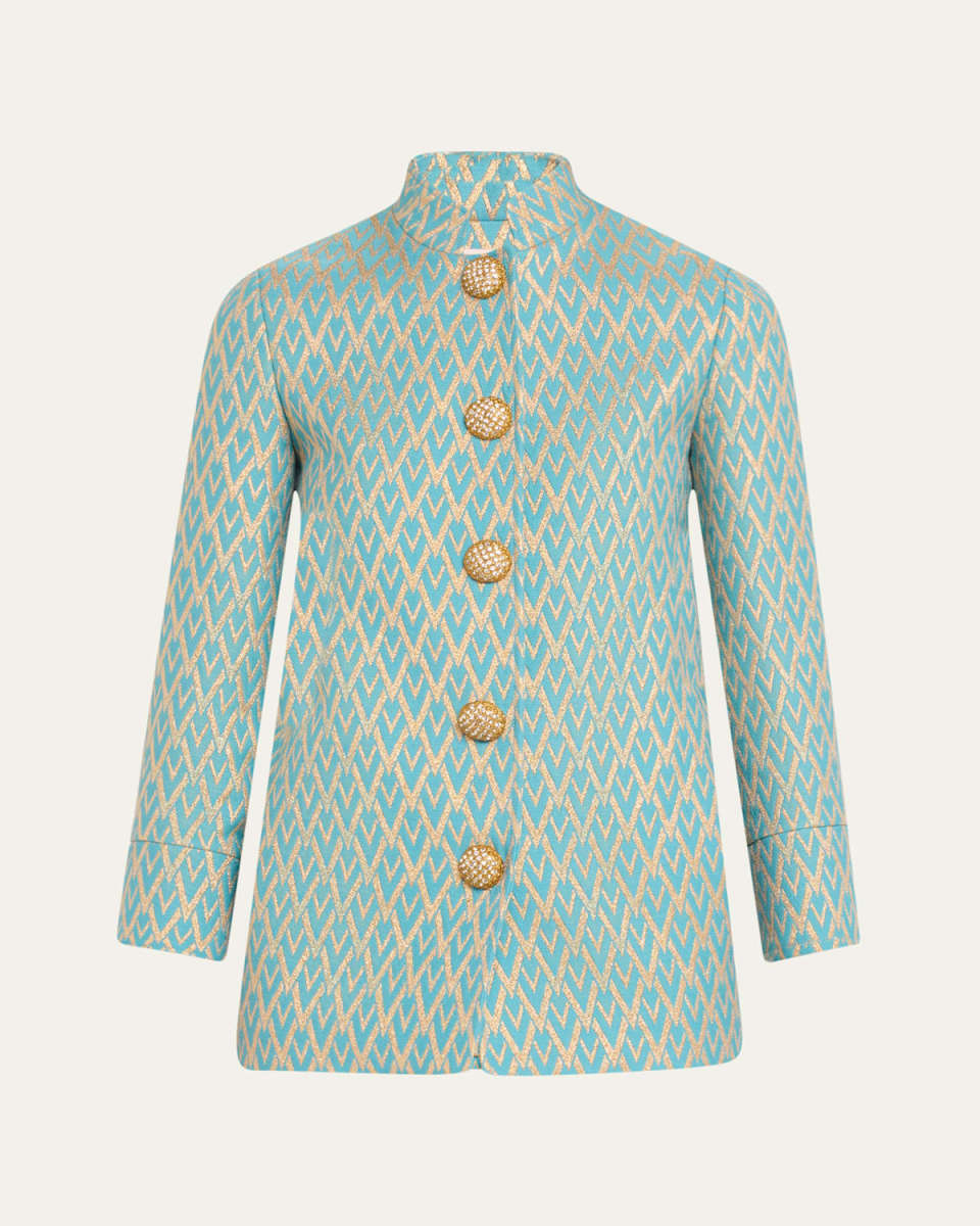 Metallic High Neck V Logo Wool Jacket